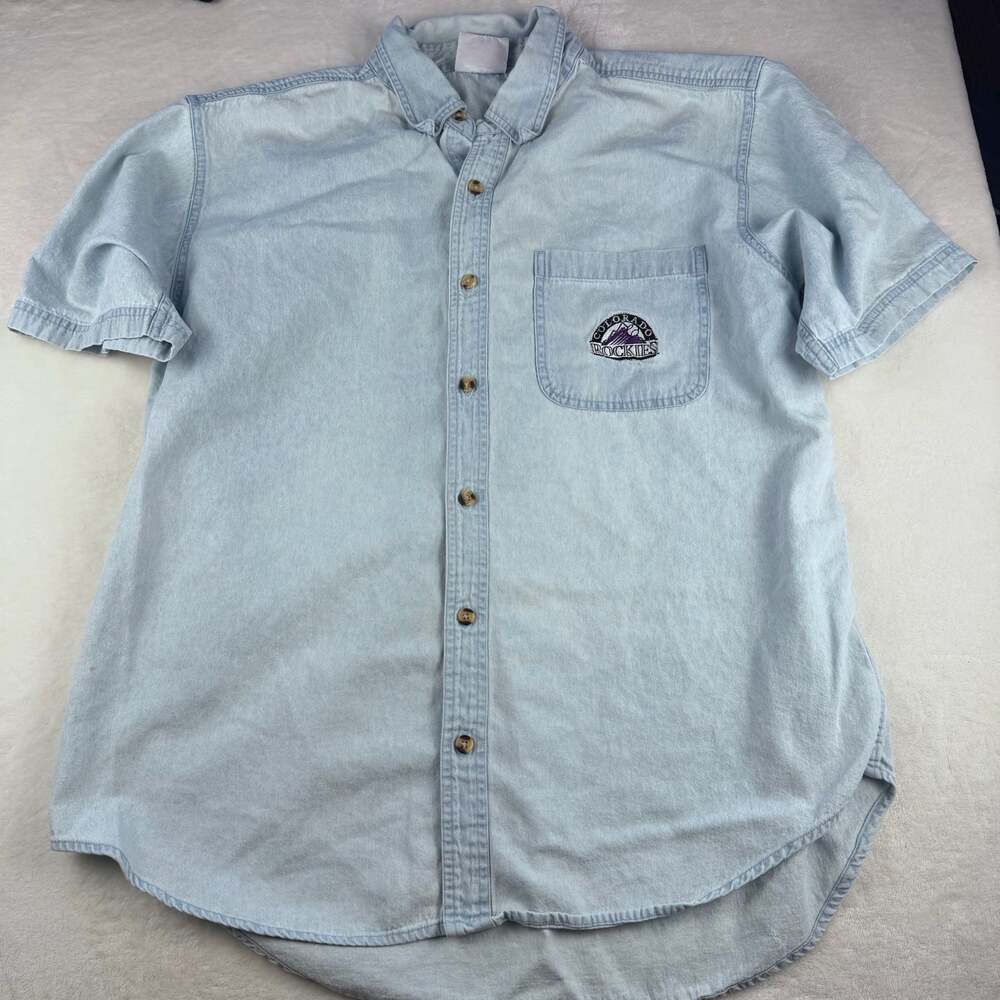Vintage Pro Player Colorado Rockies MLB Denim Short Sleeve Shirt Size Large